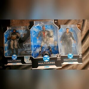 DC Multiverse Batman, Cyborg, and Superman Action Figures